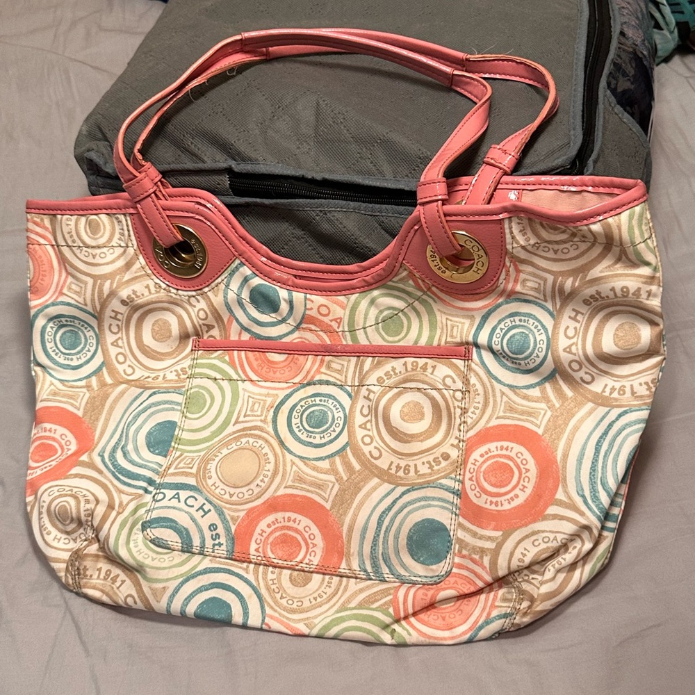 Coach beach tote bag, pastel pink teal tan and green design